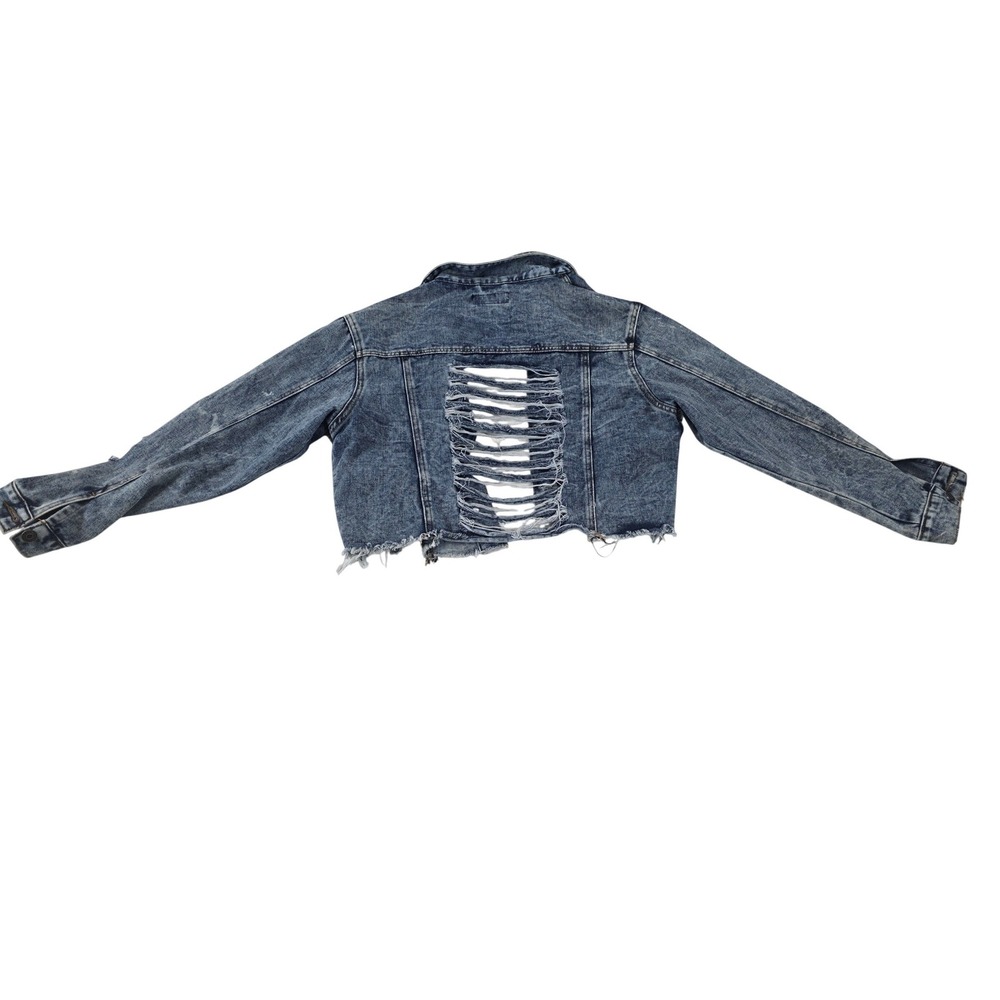 Thrill Jeans Womens Acid Wash Distressed Cropped Denim Jacket Blue L Shredded - Picture 3 of 9